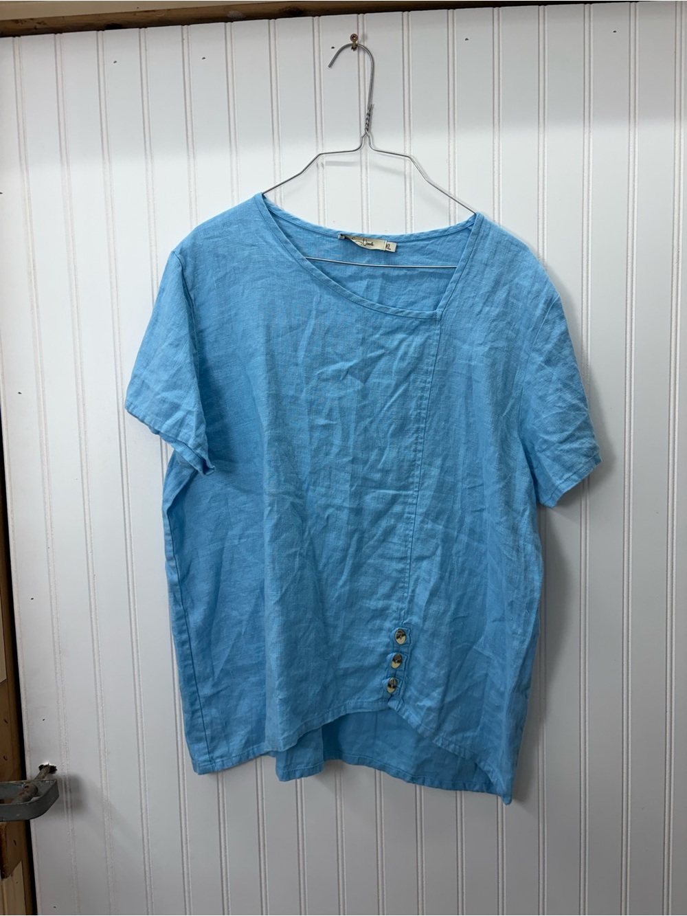 Sara Nicole coastal Relaxed Light Blue Short-Sleeve Linen Top with Button Detail